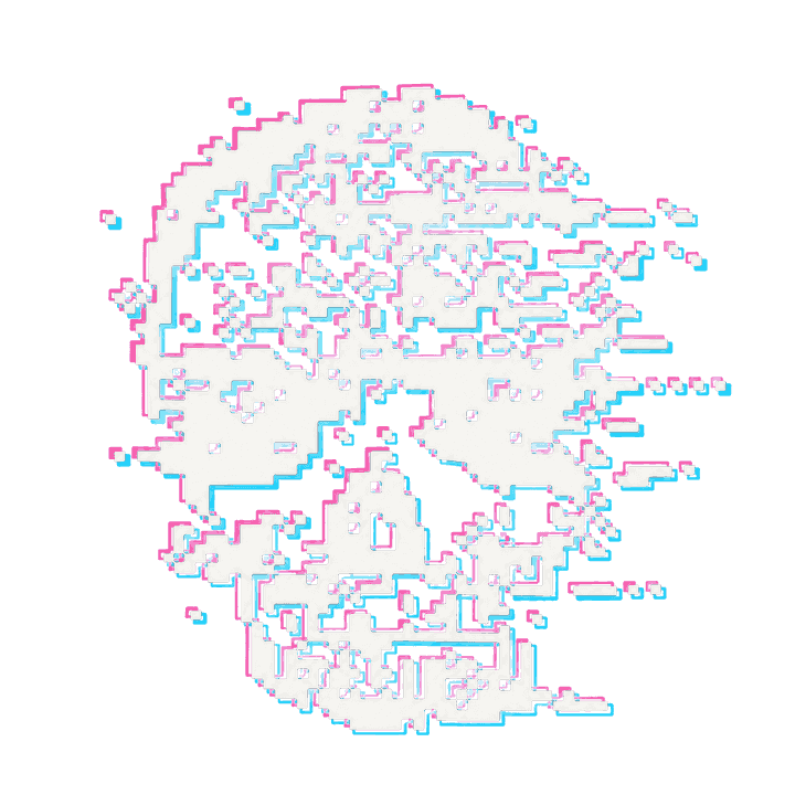 SquvaTerminal logo: a fragmented pixel skull with cyan and pink offsets, drawn light on a dark ground