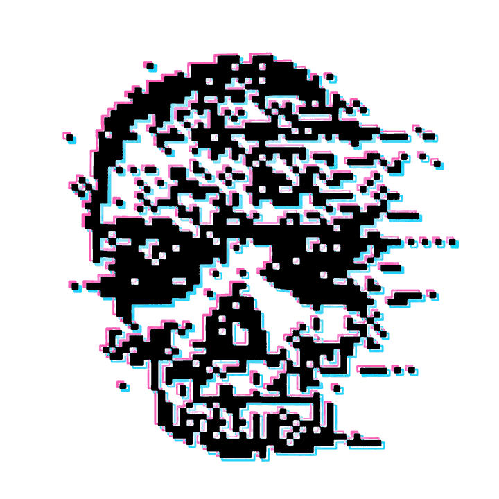 SquvaTerminal logo: a fragmented black pixel skull with cyan and pink offsets